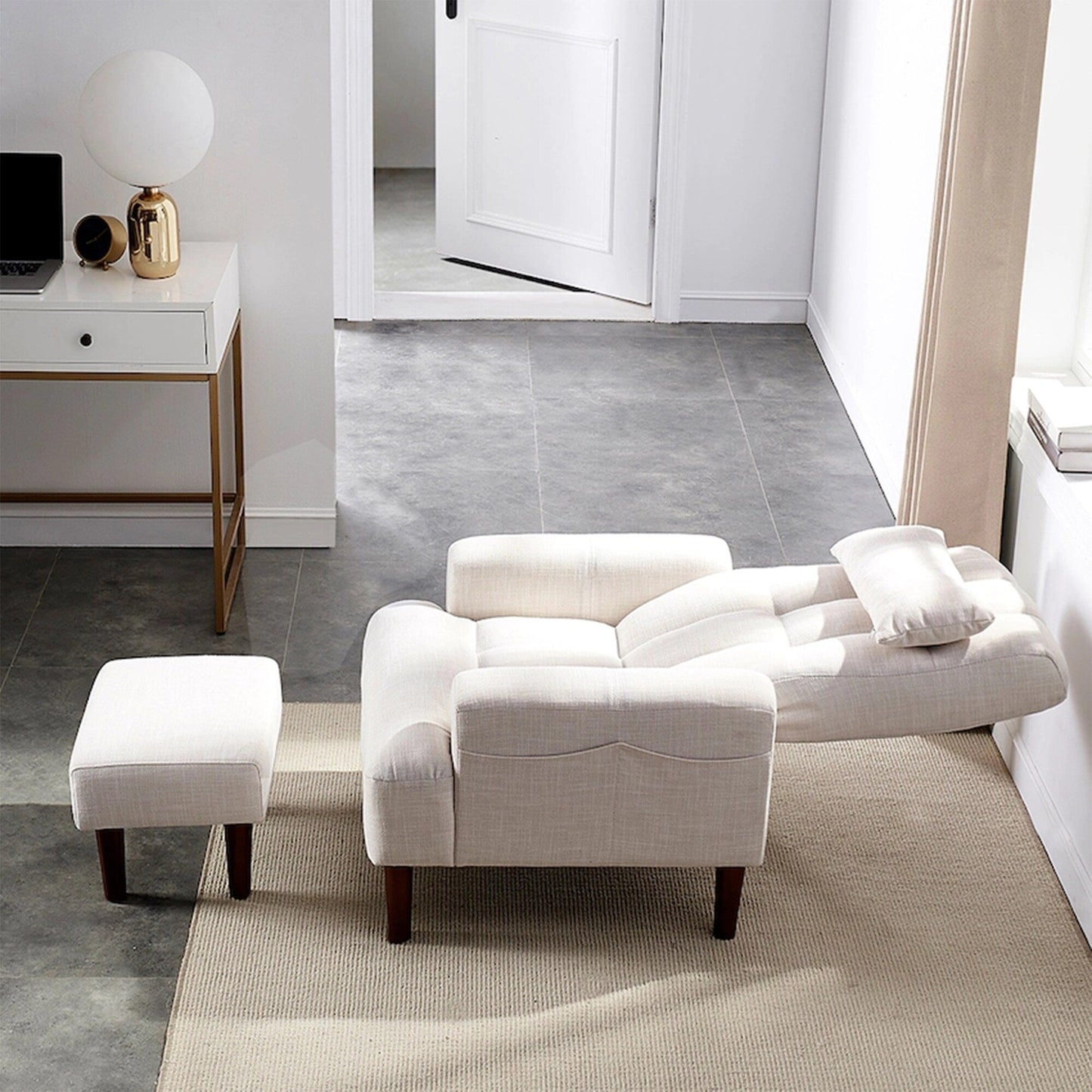Fauteuil de salon multifonction rembourré à dossier haut, couleur blanc crème, 26,77 po, avec pouf