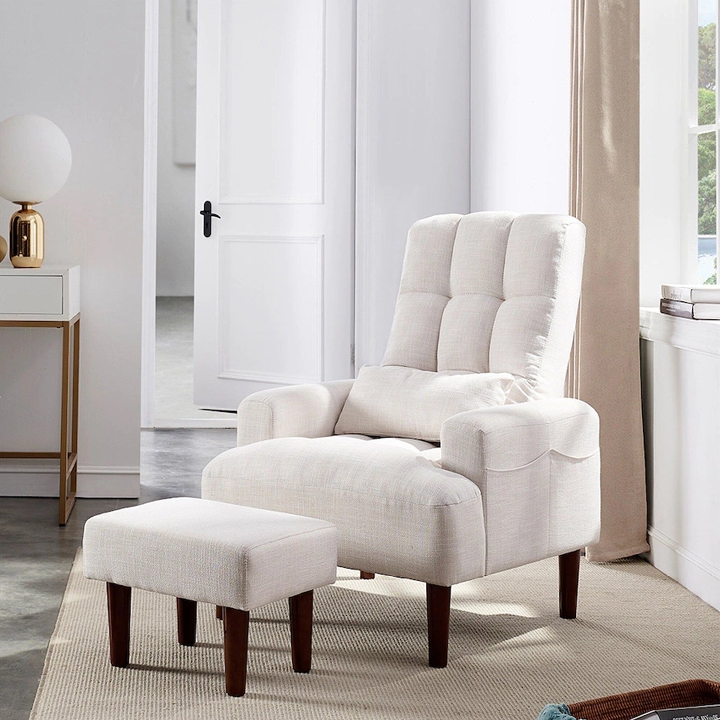 Fauteuil de salon multifonction rembourré à dossier haut, couleur blanc crème, 26,77 po, avec pouf