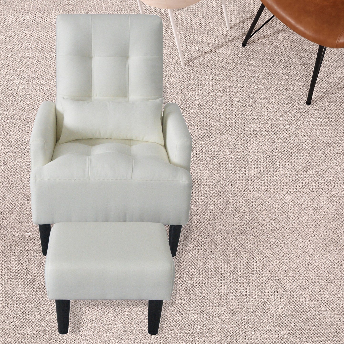 Fauteuil de salon multifonction rembourré à dossier haut, couleur blanc crème, 26,77 po, avec pouf