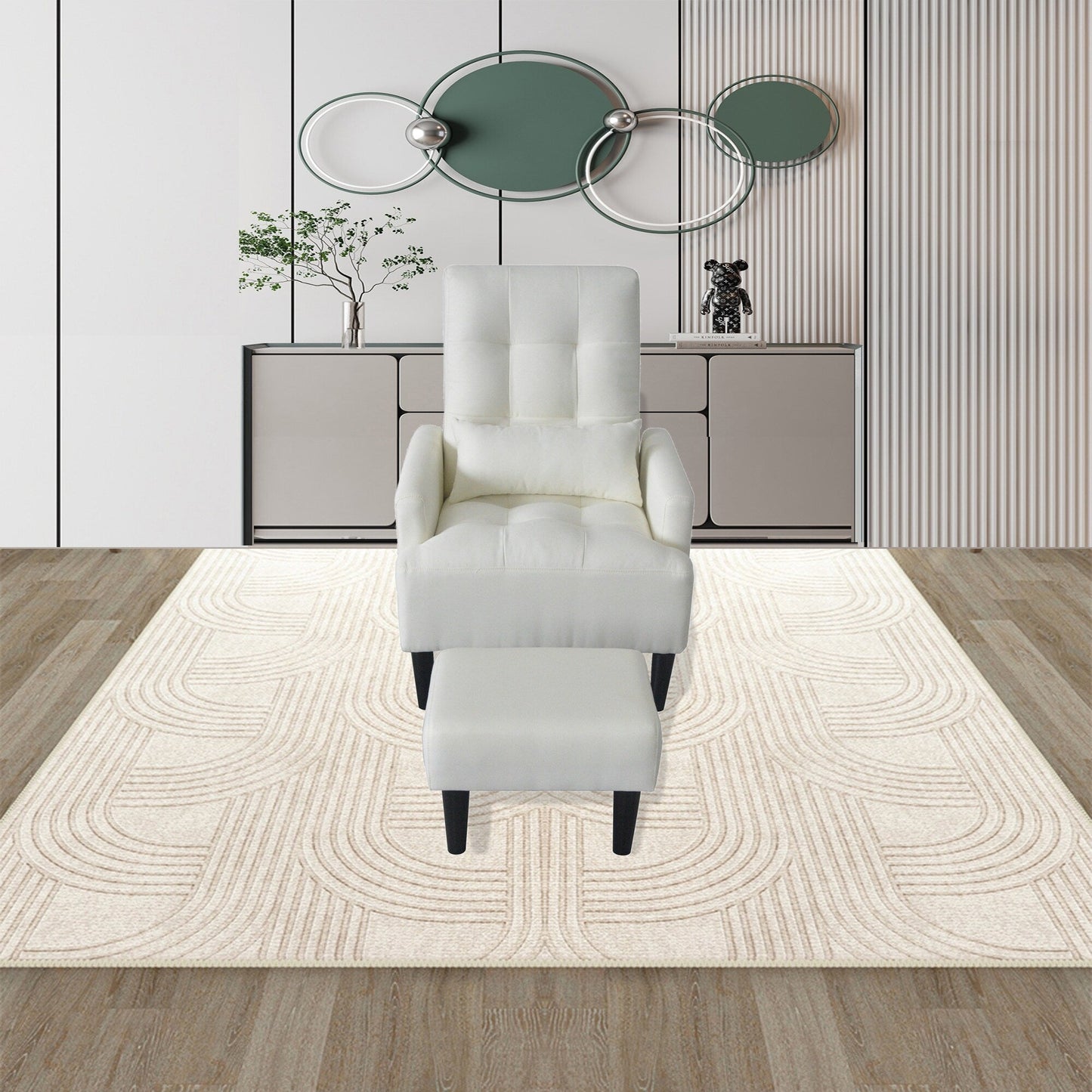 Fauteuil de salon multifonction rembourré à dossier haut, couleur blanc crème, 26,77 po, avec pouf