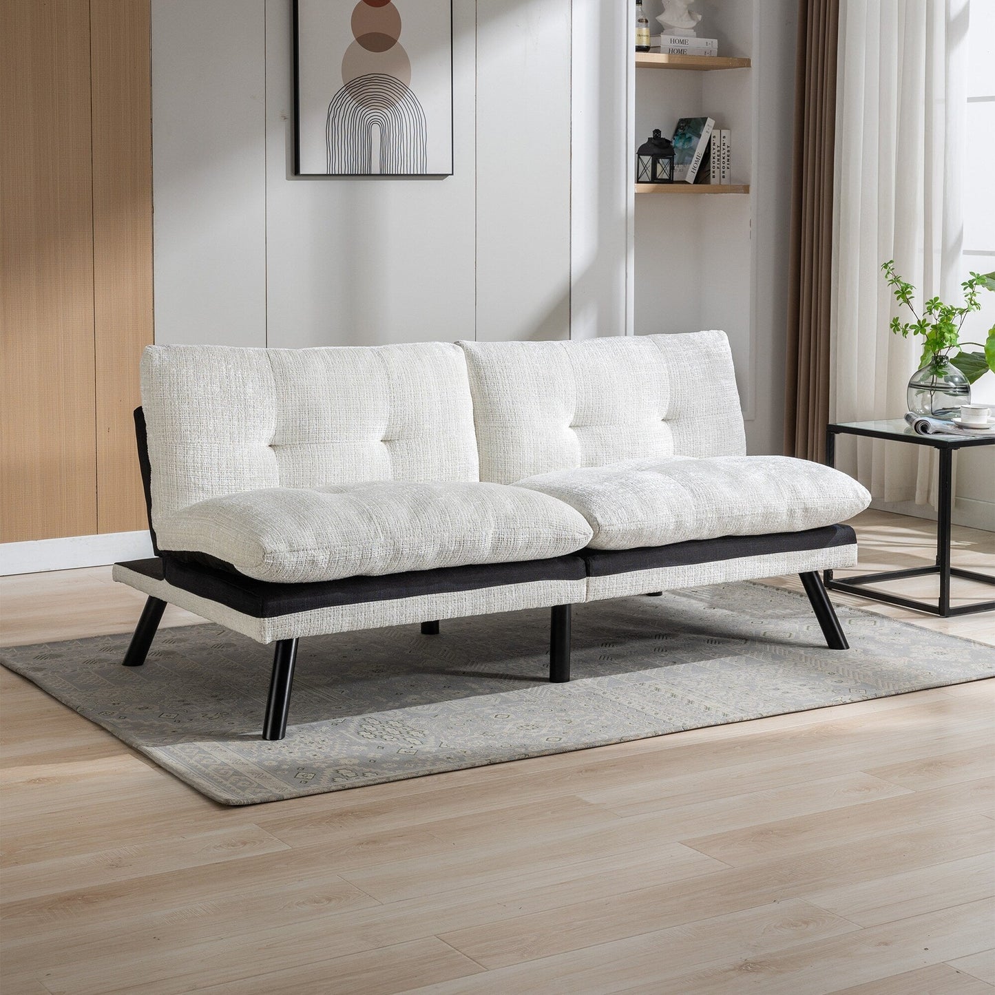 Canapé-lit futon convertible en chenille blanc crème