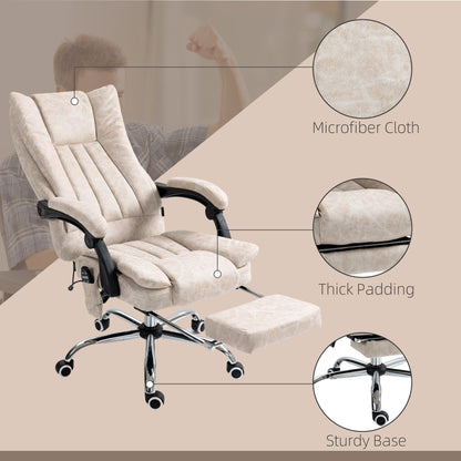 Fauteuil de bureau inclinable et massant pivotant à 360° en microfibre blanc crème avec massage par vibration, chauffage, repose-pieds et hauteur réglable