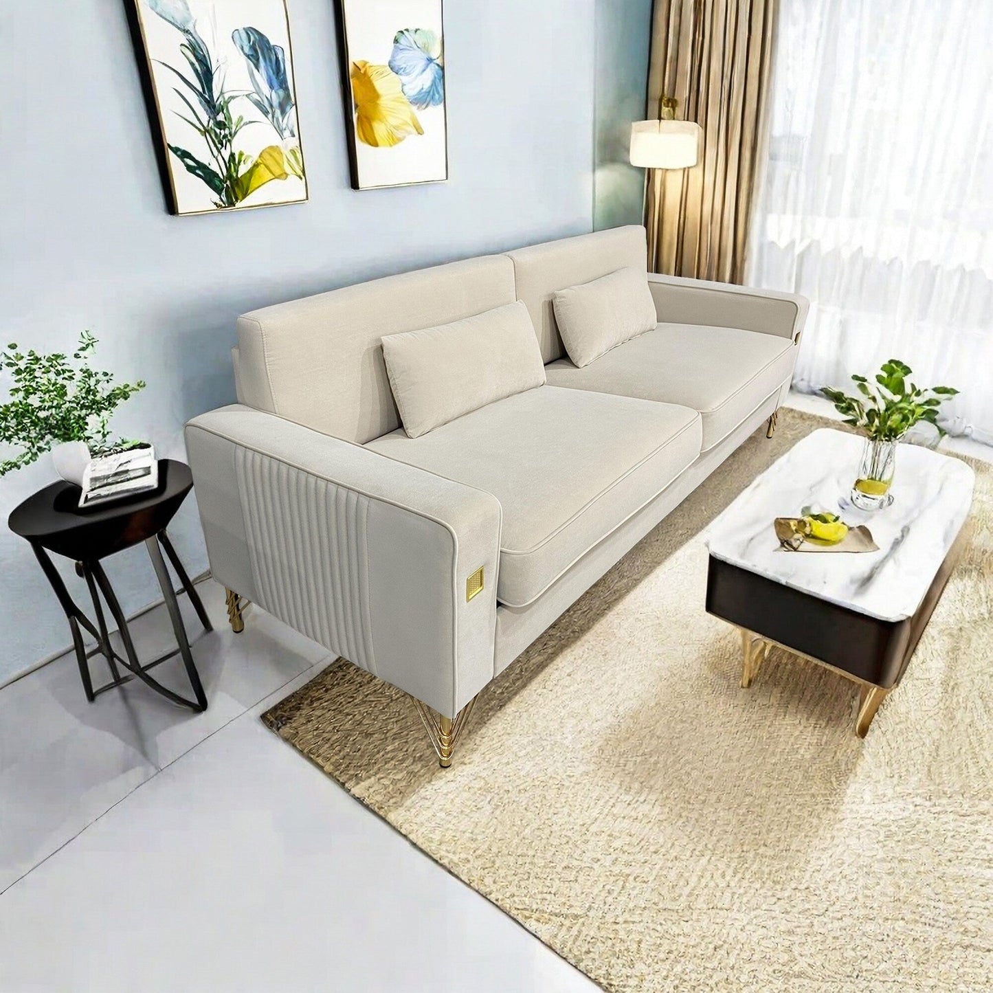 Canapé 3 places en velours blanc crème moderne 85,63 avec touches dorées et coussins moelleux pour le salon