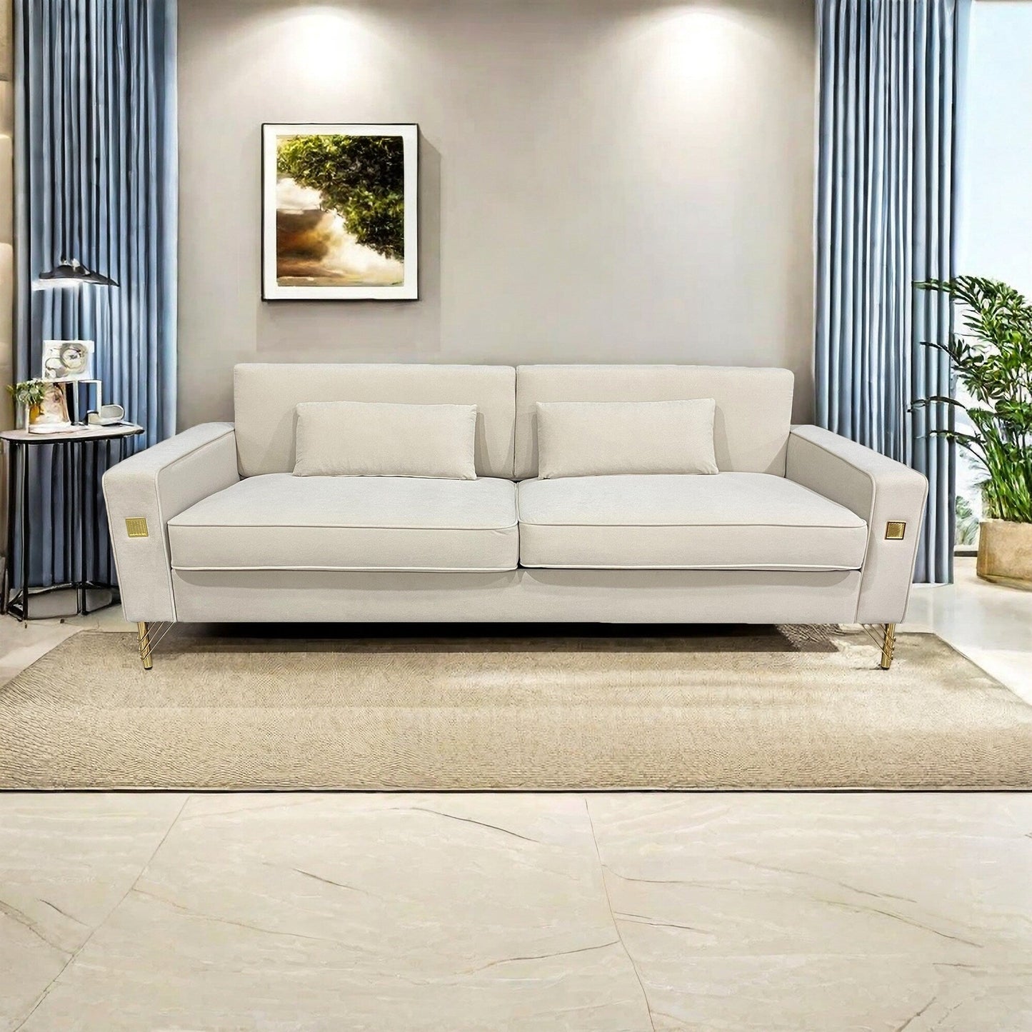 Canapé 3 places en velours blanc crème moderne 85,63 avec touches dorées et coussins moelleux pour le salon