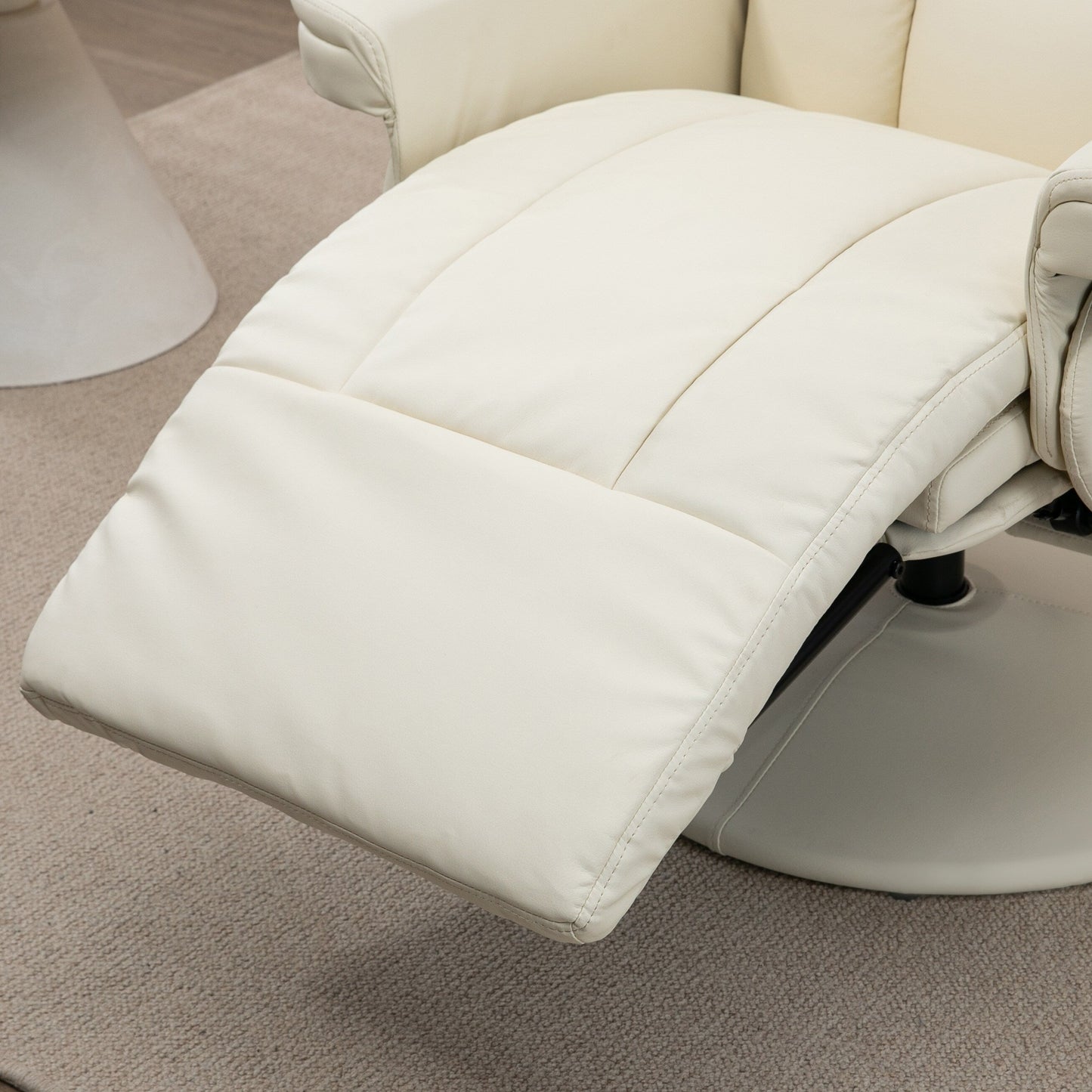Fauteuil inclinable manuel en cuir PU blanc crème avec repose-pieds, poche latérale, porte-gobelet, inclinaison à 135°, rotation à 360°