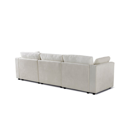 Canapé modulable 3 places en chenille blanc crème avec cadre en bois