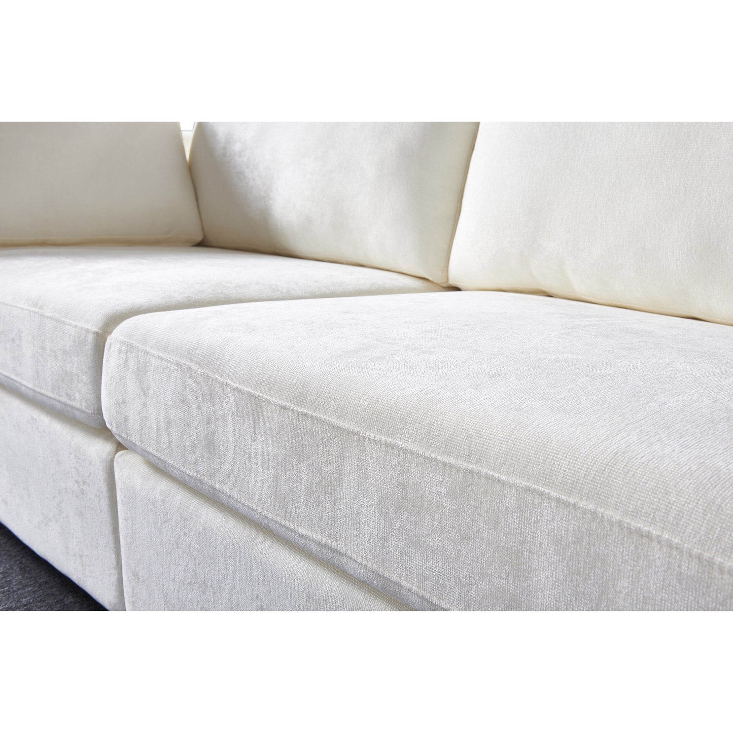 Canapé modulable 3 places en chenille blanc crème avec cadre en bois