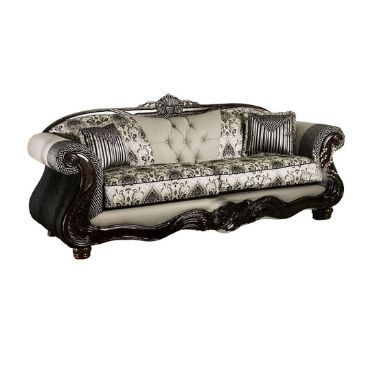 Canapé Cresi, noir, chenille grise, similicuir, 2 coussins, 240 cm