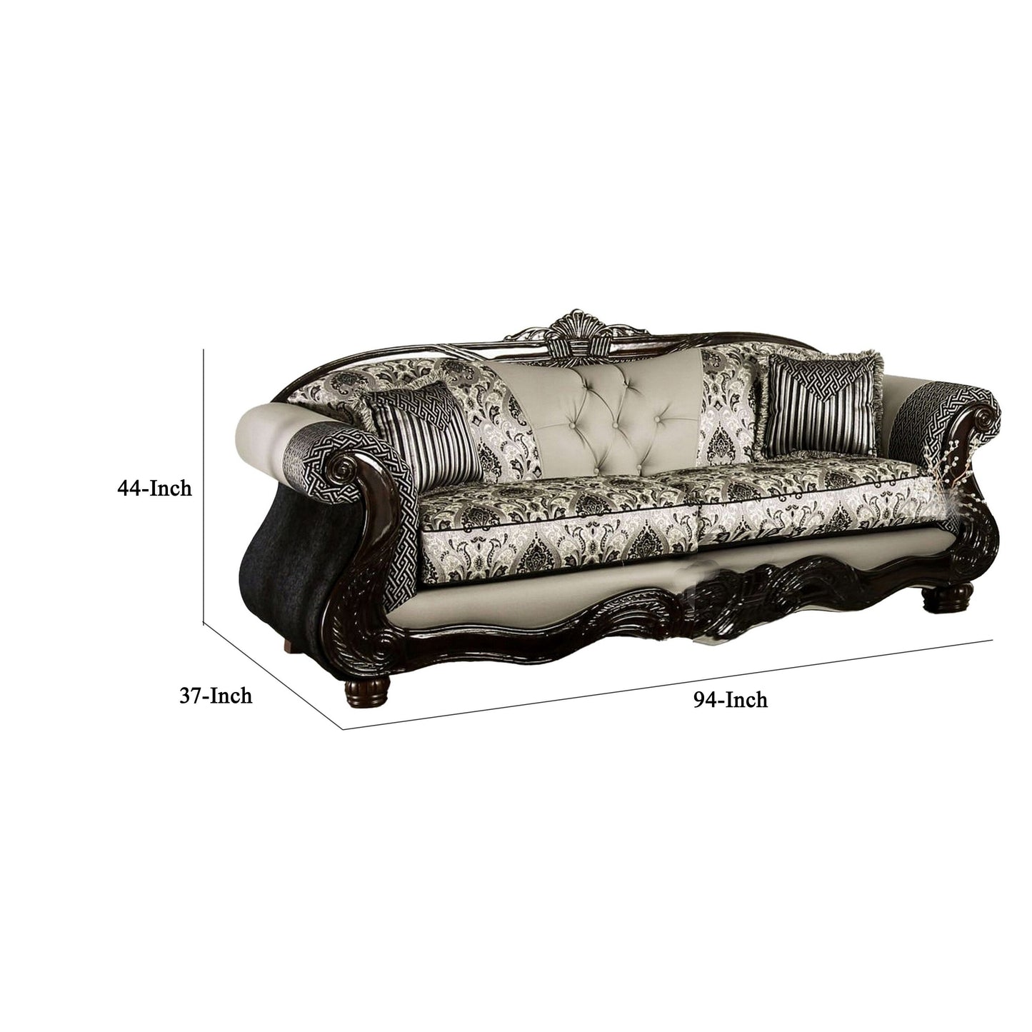 Canapé Cresi, noir, chenille grise, similicuir, 2 coussins, 240 cm