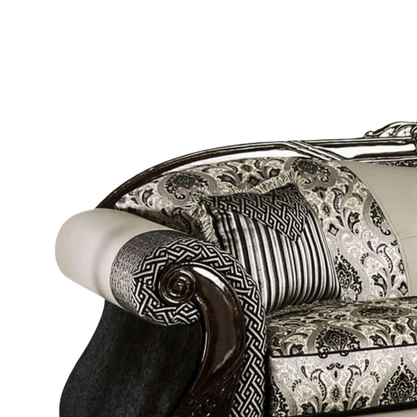 Canapé Cresi, noir, chenille grise, similicuir, 2 coussins, 240 cm