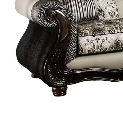 Canapé Cresi, noir, chenille grise, similicuir, 2 coussins, 240 cm