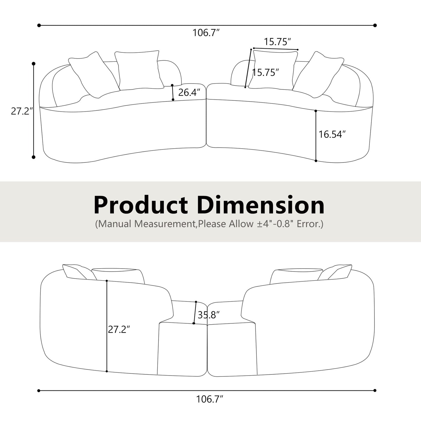 Canapé quatre places incurvé blanc en éponge à compression intégrale, canapé compact sans assemblage pour petits espaces et appartements