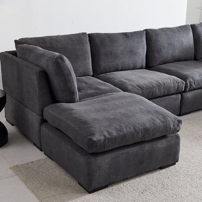 Canapé modulaire personnalisable avec pouf - Revêtement en lin doux et rembourrage en duvet pour une détente confortable