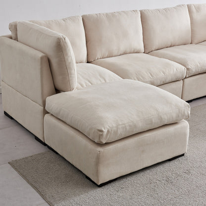 Canapé modulaire personnalisable avec pouf - Revêtement en lin doux et rembourrage en duvet pour une détente confortable