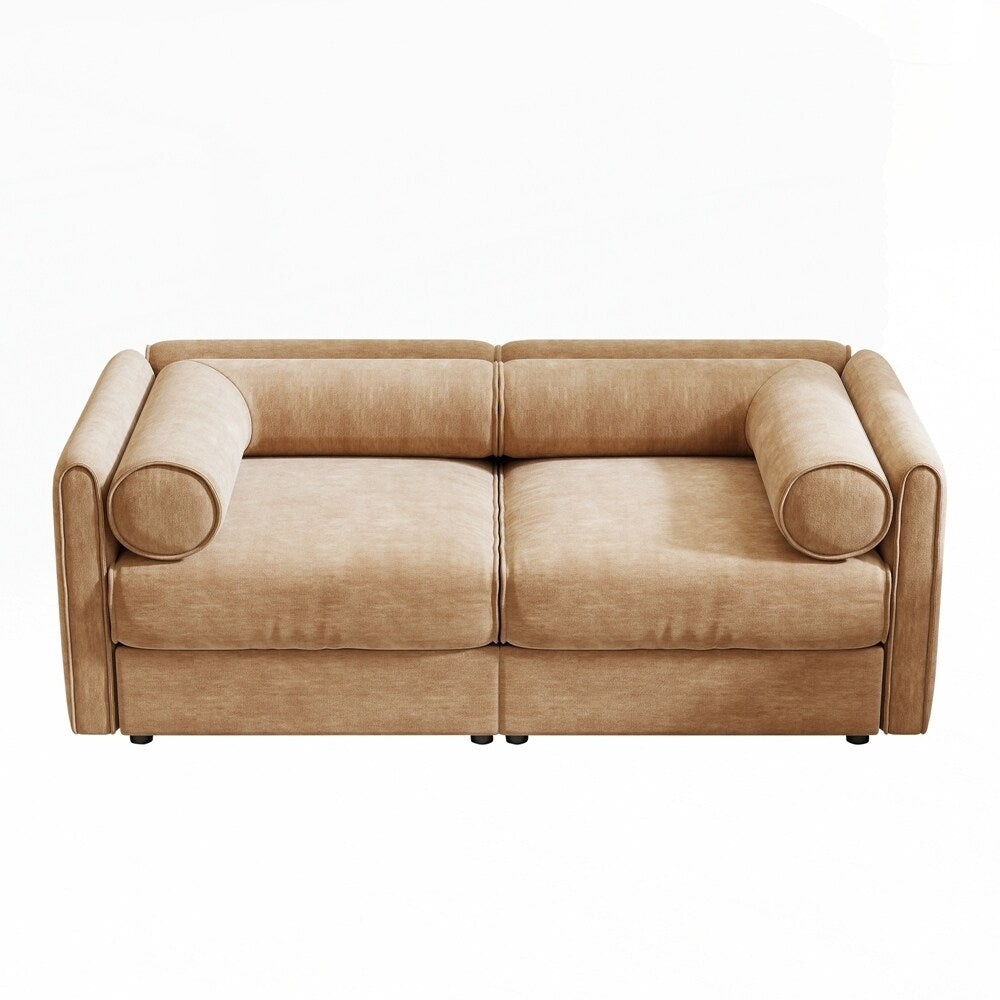 Canapé en chenille avec dossier et accoudoirs cylindriques et siège de rangement