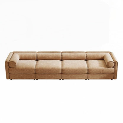 Canapé en chenille avec dossier et accoudoirs cylindriques et siège de rangement