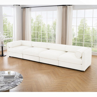 Canapé en chenille avec dossier et accoudoirs cylindriques et siège de rangement