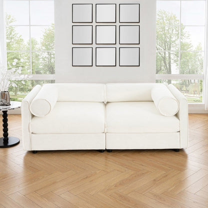 Canapé en chenille avec dossier et accoudoirs cylindriques et siège de rangement