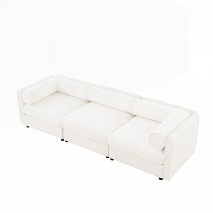 Canapé en chenille avec dossier et accoudoirs cylindriques et siège de rangement