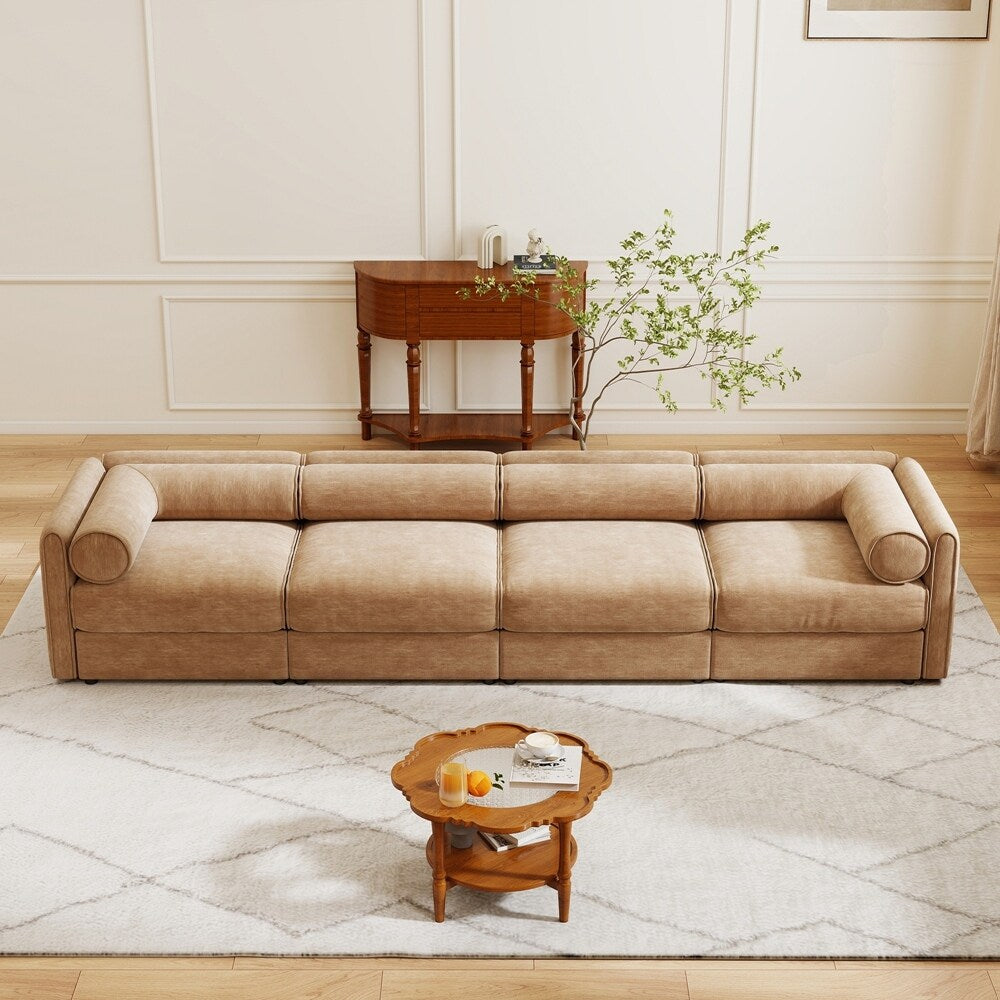 Canapé en chenille avec dossier et accoudoirs cylindriques et siège de rangement