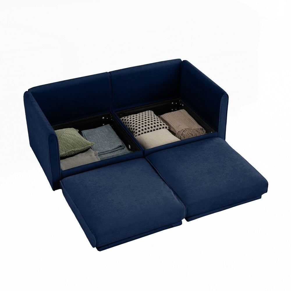 Canapé en chenille avec dossier et accoudoirs cylindriques et siège de rangement