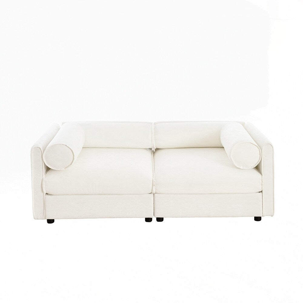 Canapé en chenille avec dossier et accoudoirs cylindriques et siège de rangement