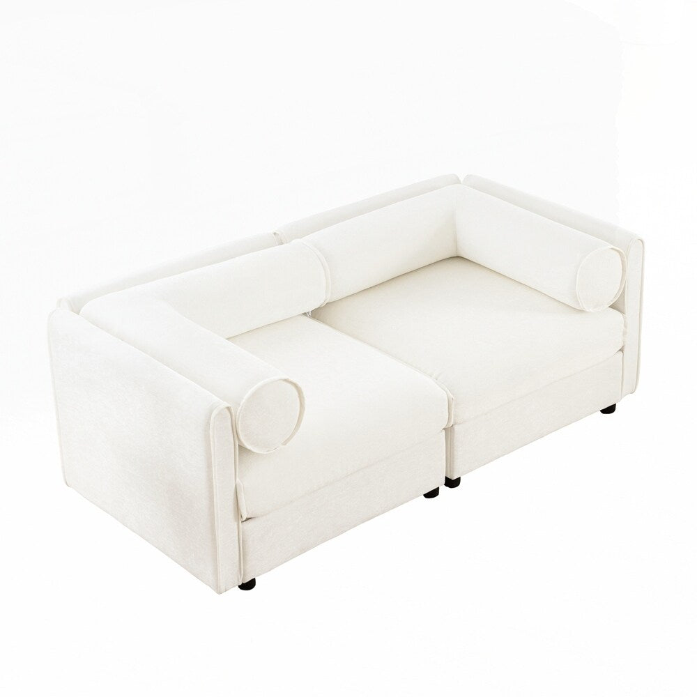 Canapé en chenille avec dossier et accoudoirs cylindriques et siège de rangement