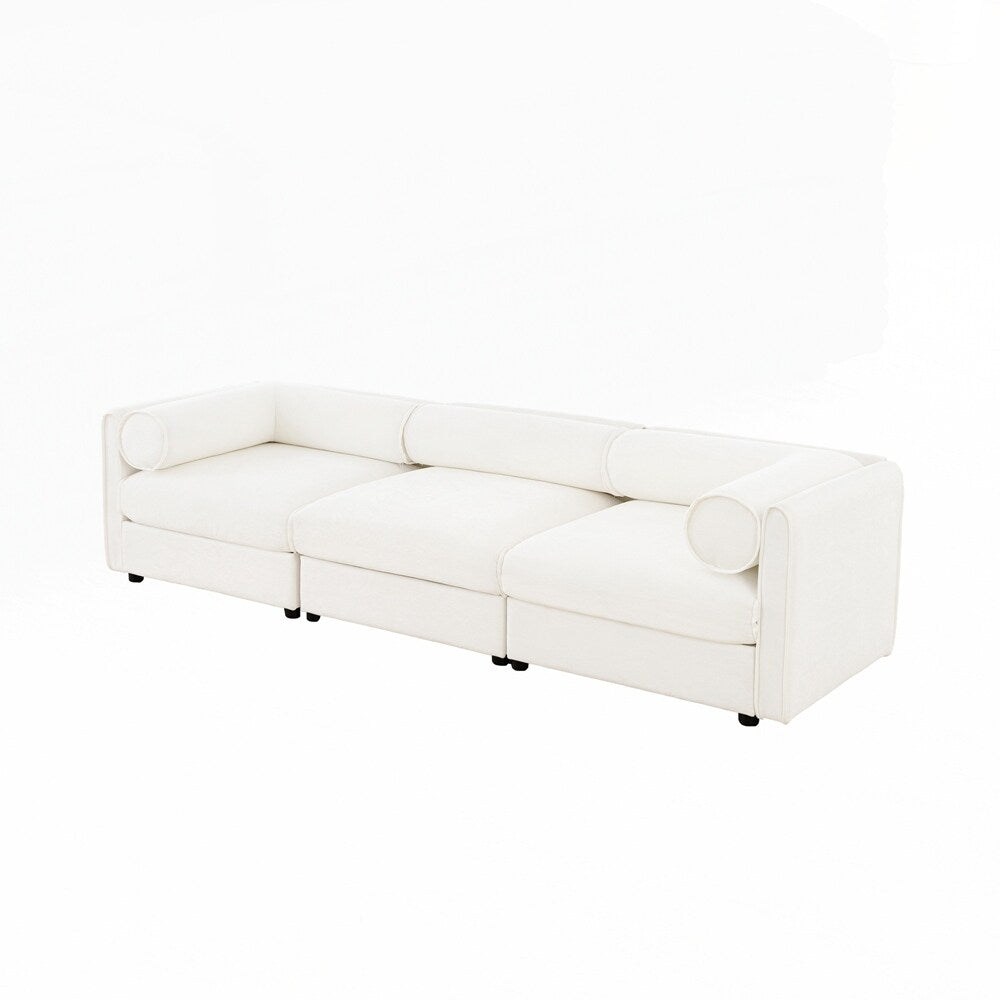 Canapé en chenille avec dossier et accoudoirs cylindriques et siège de rangement