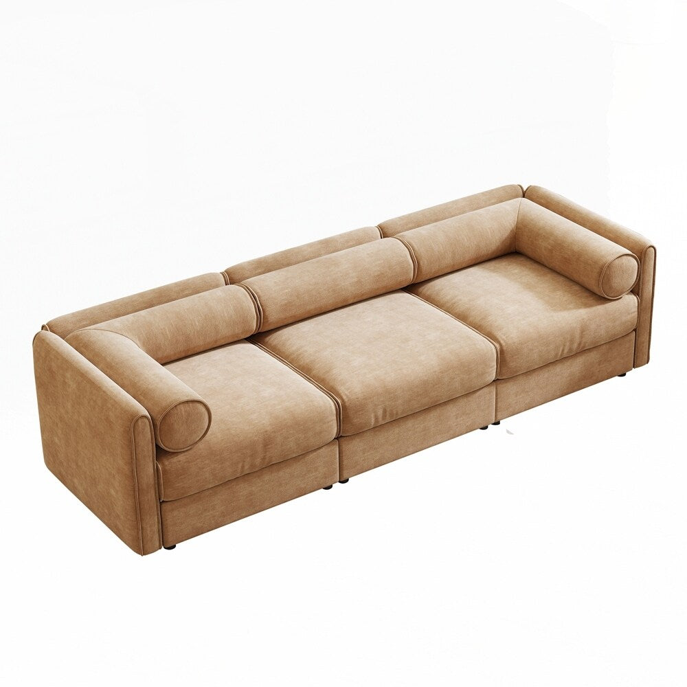 Canapé en chenille avec dossier et accoudoirs cylindriques et siège de rangement