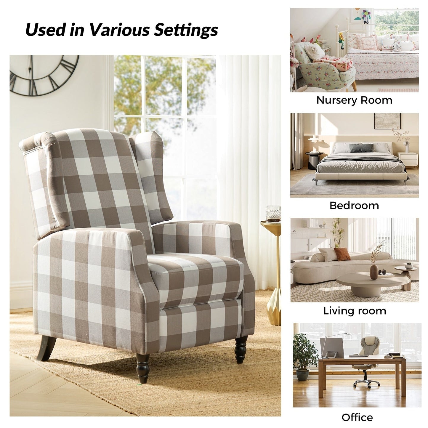 Fauteuil inclinable manuel Damaris de style milieu de siècle avec dossier à oreilles, lot de 2 par HULALA HOME