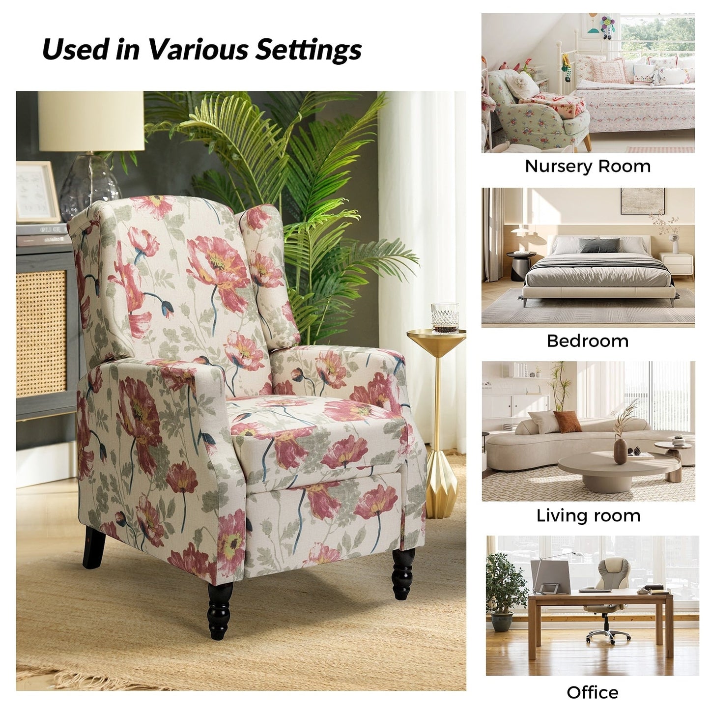 Fauteuil inclinable manuel Damaris de style milieu de siècle avec dossier à oreilles, lot de 2 par HULALA HOME