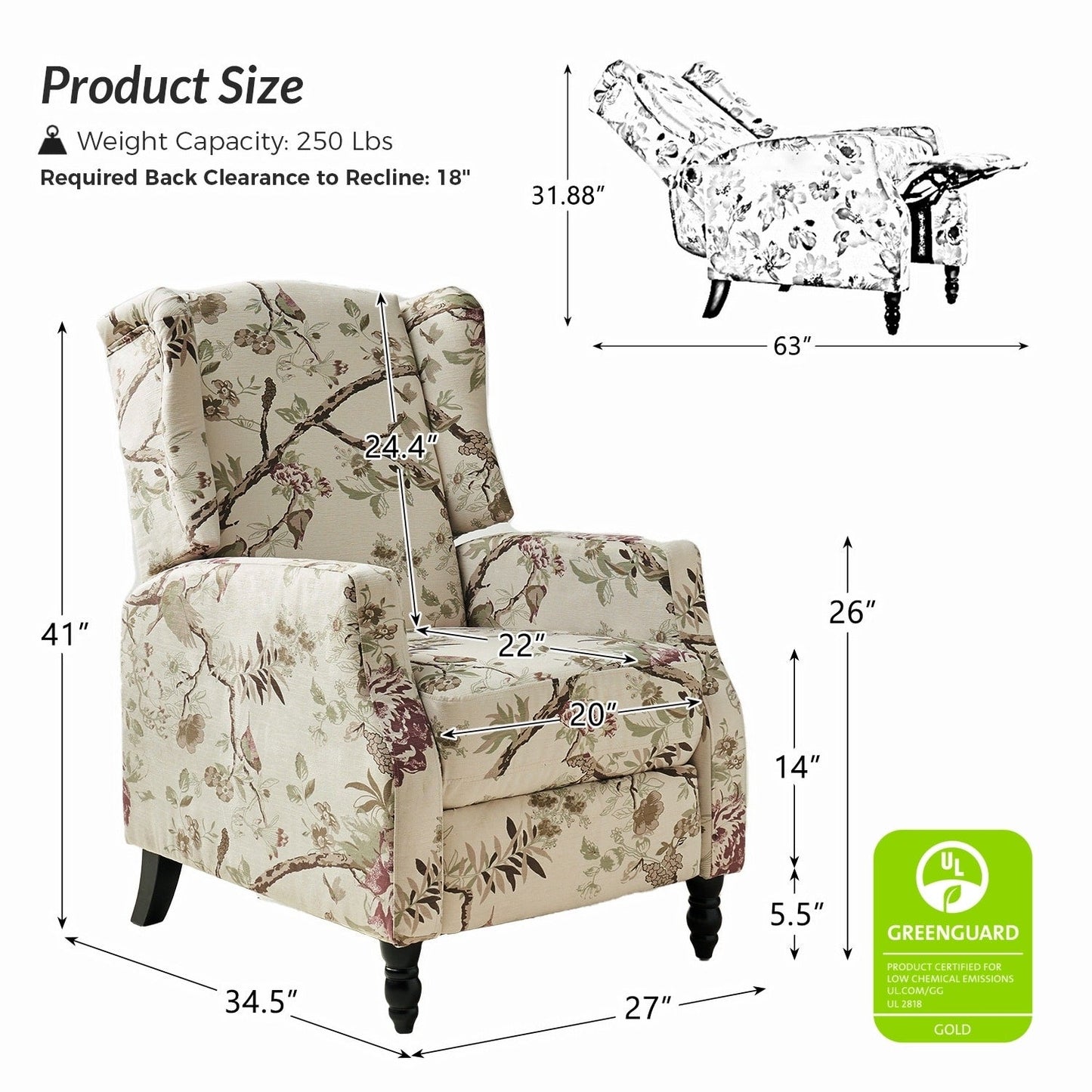 Fauteuil inclinable manuel Damaris de style milieu de siècle avec dossier à oreilles, lot de 2 par HULALA HOME