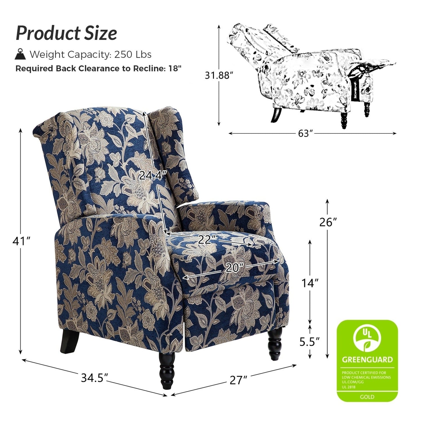 Fauteuil inclinable manuel Damaris de style milieu de siècle avec dossier à oreilles, lot de 2 par HULALA HOME