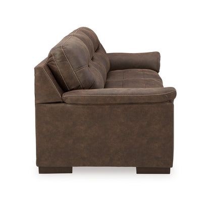 Canapé Danie, accoudoirs évasés avec coussins, similicuir marron capitonné, 96 pouces