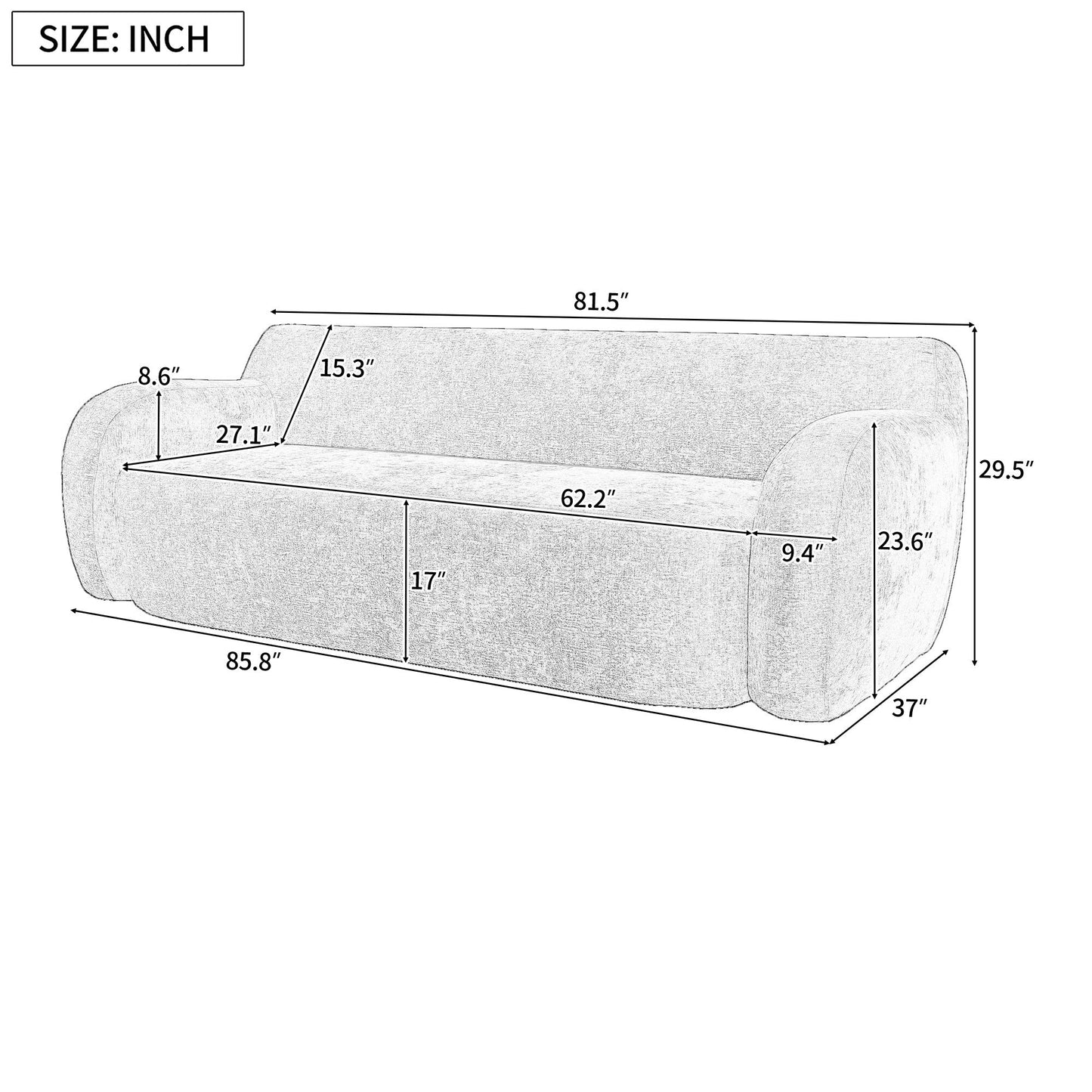 Canapé 3 places bleu foncé minimaliste à compression 81,5 avec grandes assises et rembourrage en mousse haute densité pour salons