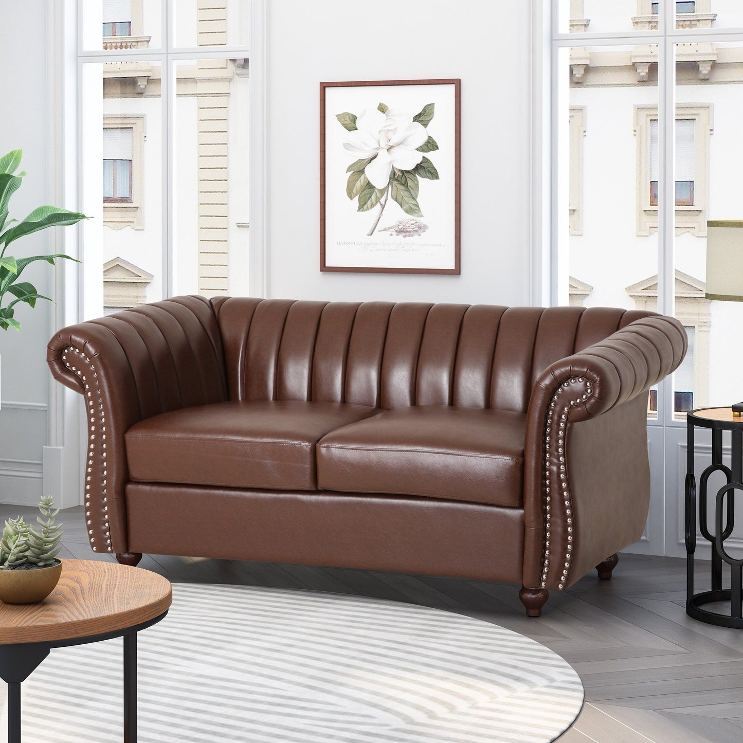 Canapé Chesterfield marron foncé 61,75 po avec clous et pieds en bouleau pour le salon