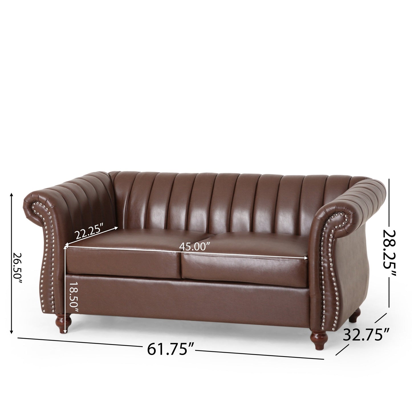 Canapé Chesterfield marron foncé 61,75 po avec clous et pieds en bouleau pour le salon