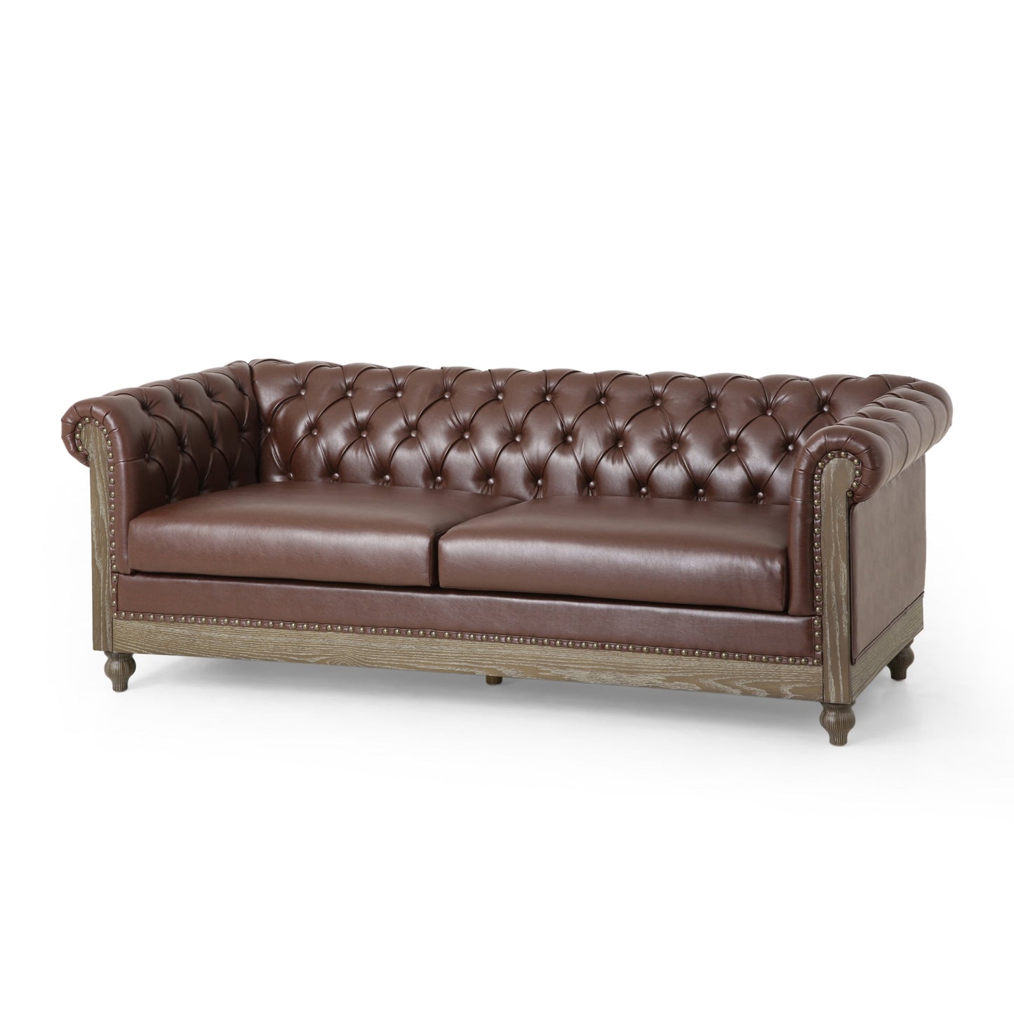 Canapé 3 places Chesterfield marron foncé 78,75 en similicuir avec pieds en bois et clous pour le salon