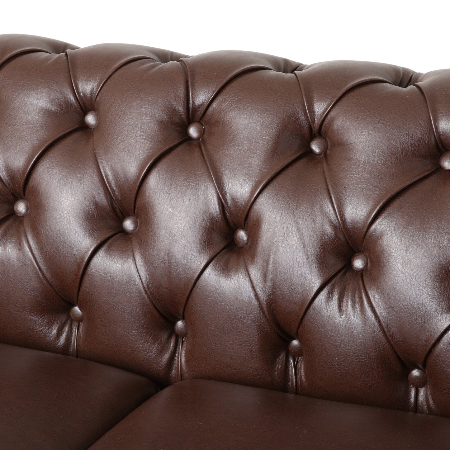 Canapé 3 places Chesterfield marron foncé 78,75 en similicuir avec pieds en bois et clous pour le salon