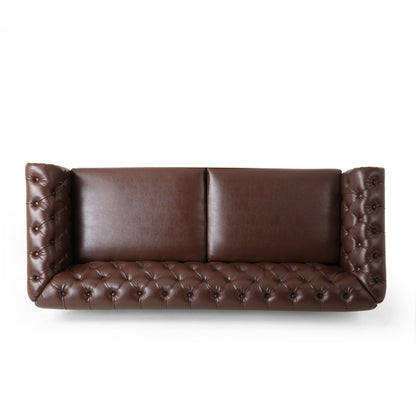 Canapé 3 places Chesterfield marron foncé 78,75 en similicuir avec pieds en bois et clous pour le salon
