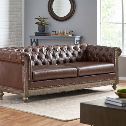 Canapé 3 places Chesterfield marron foncé 78,75 en similicuir avec pieds en bois et clous pour le salon