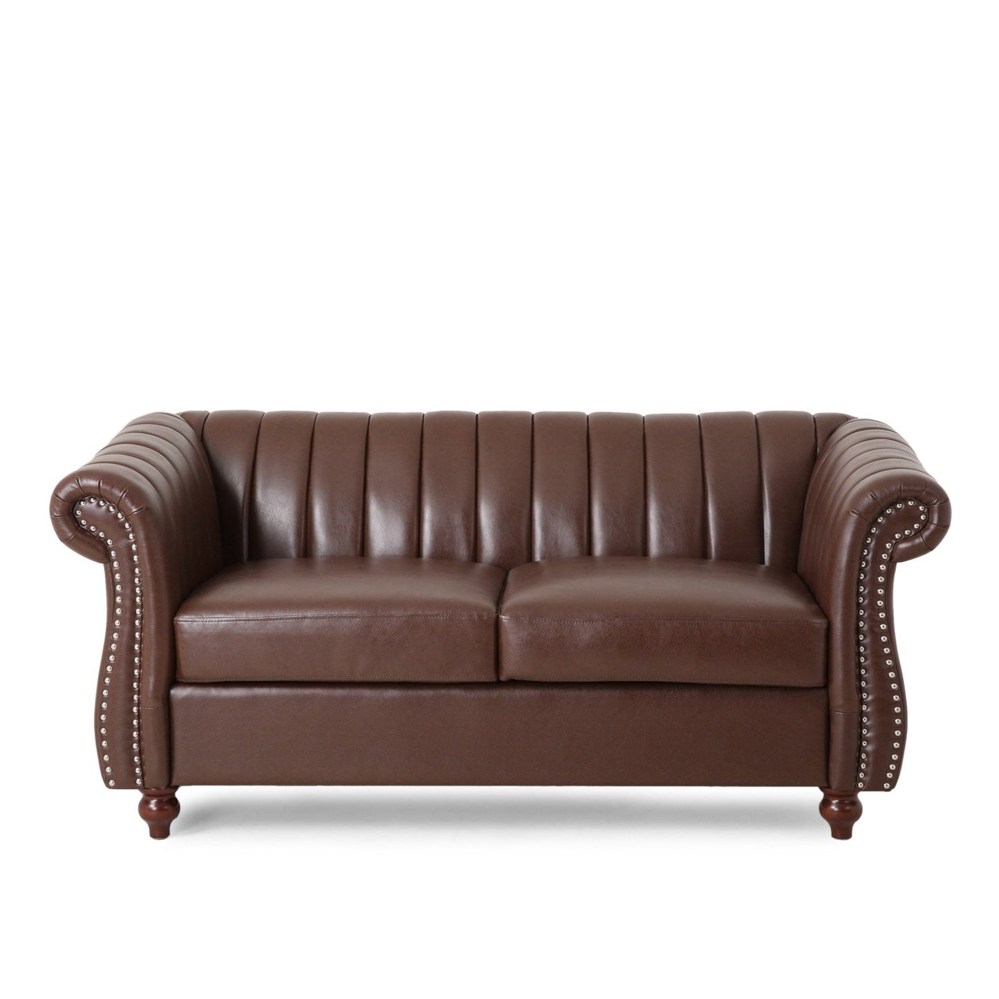 Canapé Chesterfield marron foncé avec têtes de clous et pieds en bouleau