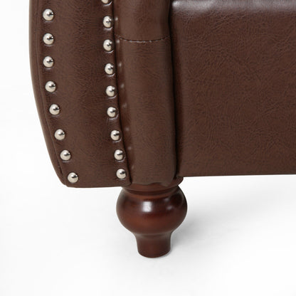 Canapé Chesterfield marron foncé avec têtes de clous et pieds en bouleau