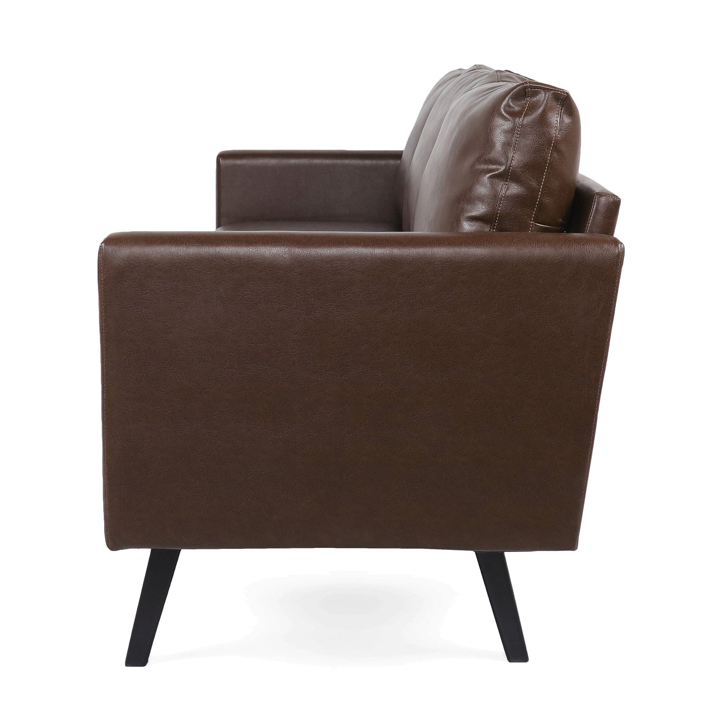 Canapé 3 places en similicuir marron foncé avec pieds en bois de bouleau