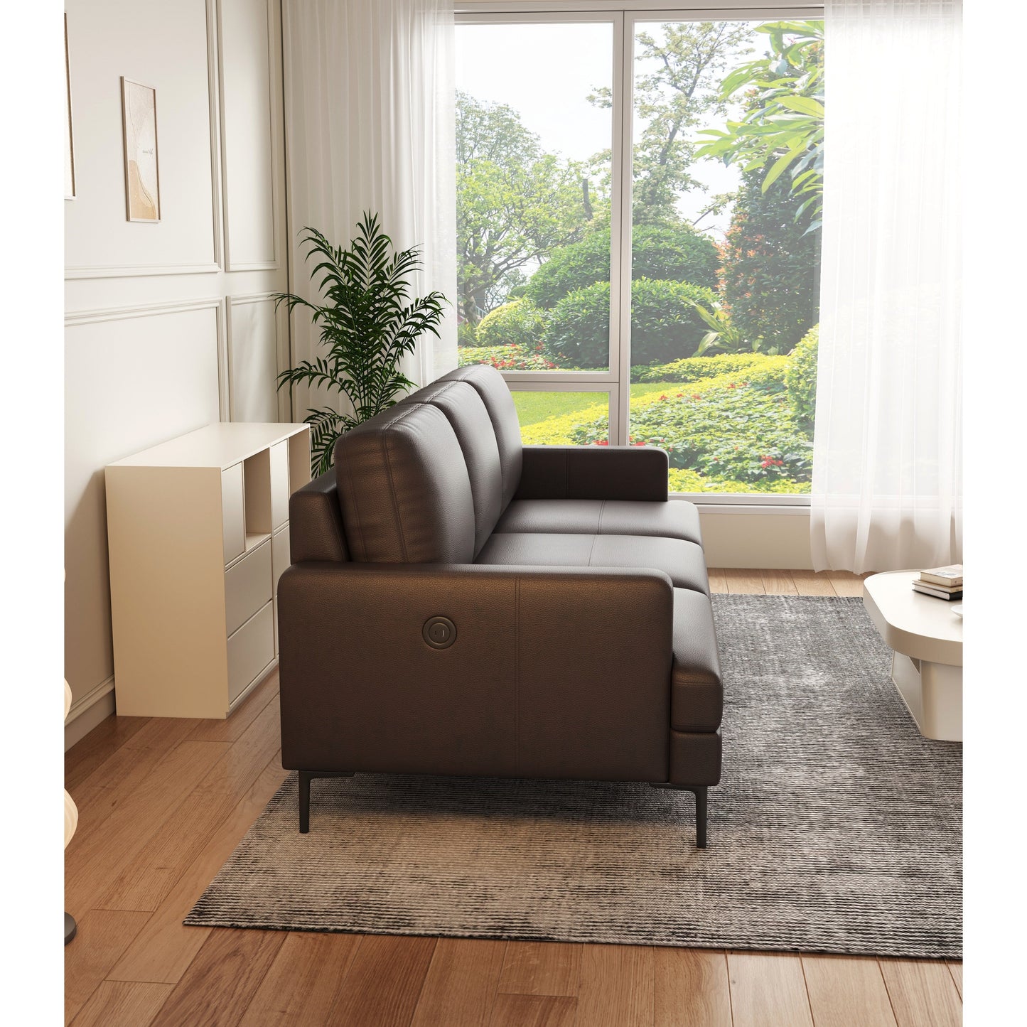 Canapé 3 places en cuir véritable marron foncé avec chargeur USB