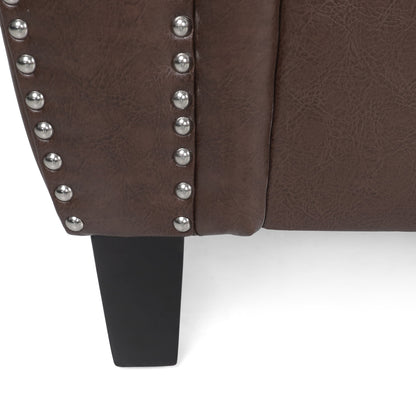 Canapé 3 places en similicuir marron foncé moderne 80 avec pieds en bois de bouleau et clous décoratifs pour le salon