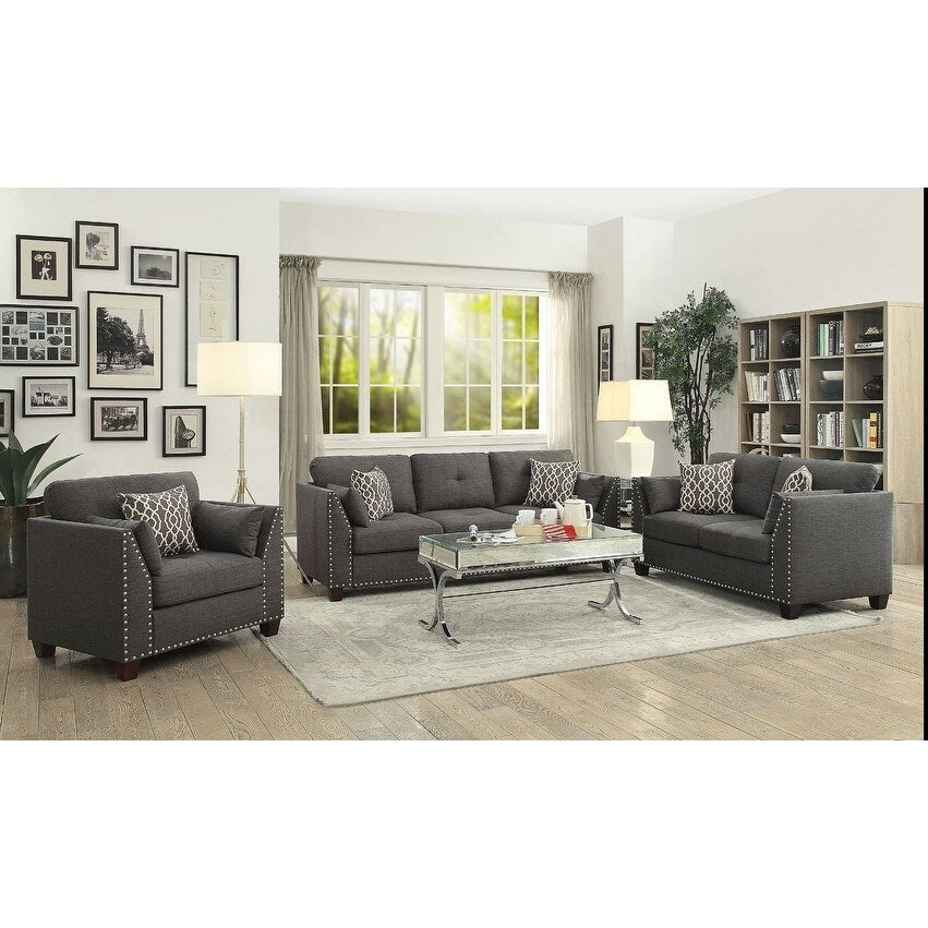 Canapé causeuse gris foncé 59 en lin avec 4 coussins et clous décoratifs pour salon