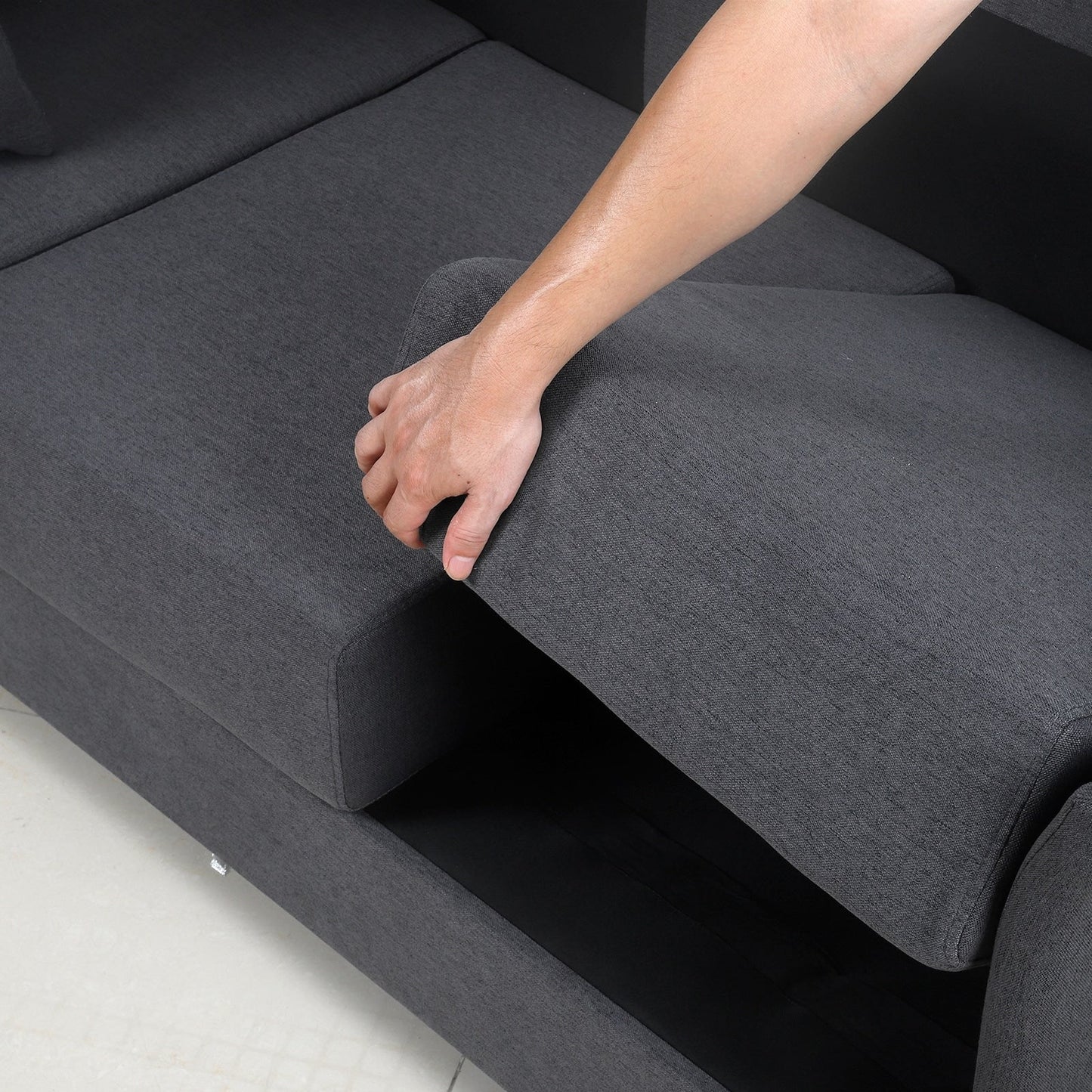 Canapé 3 places amovible en lin gris foncé avec structure en métal