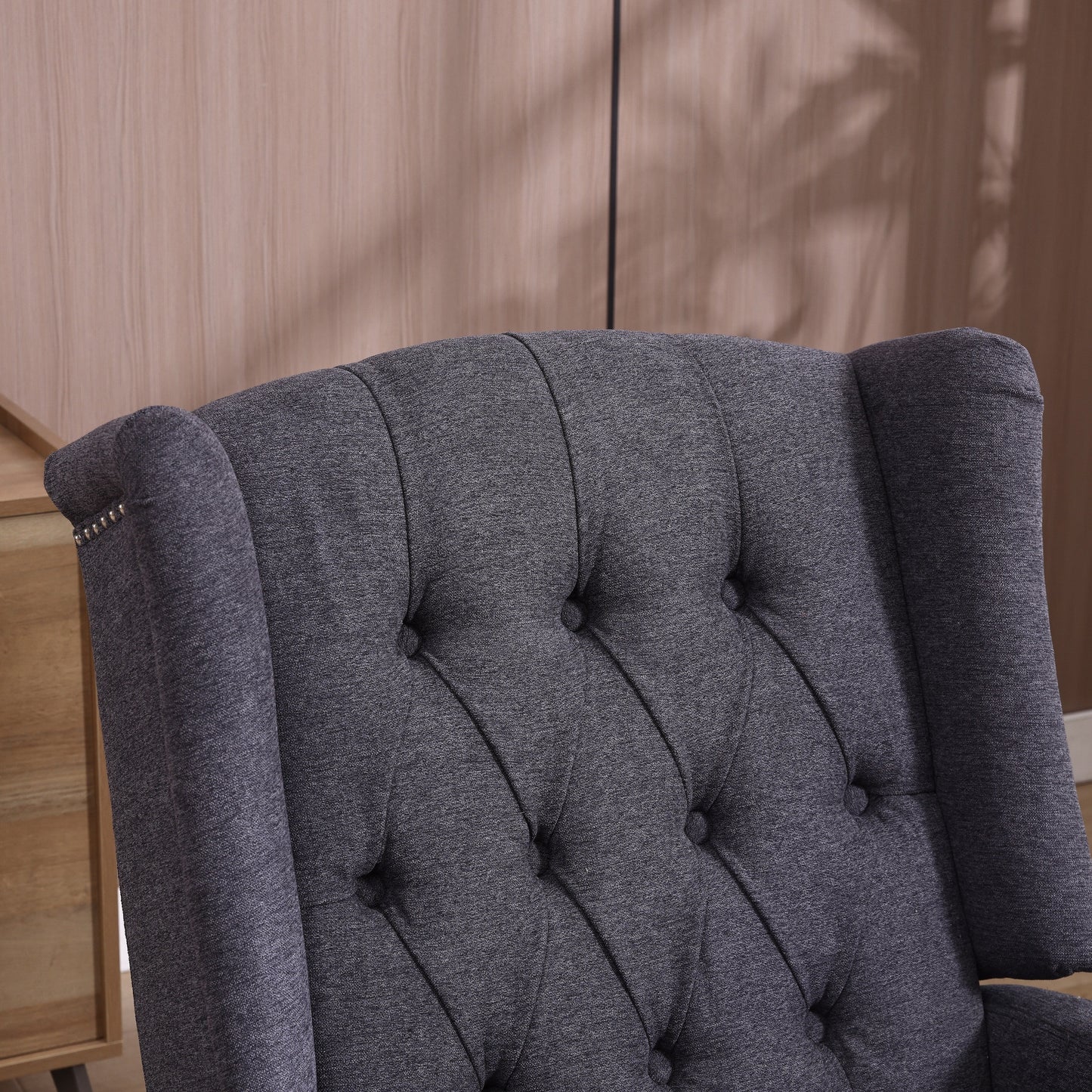 Fauteuil inclinable manuel pivotant à 360° en lin gris foncé avec dossier capitonné et repose-pieds pour salon et chambre