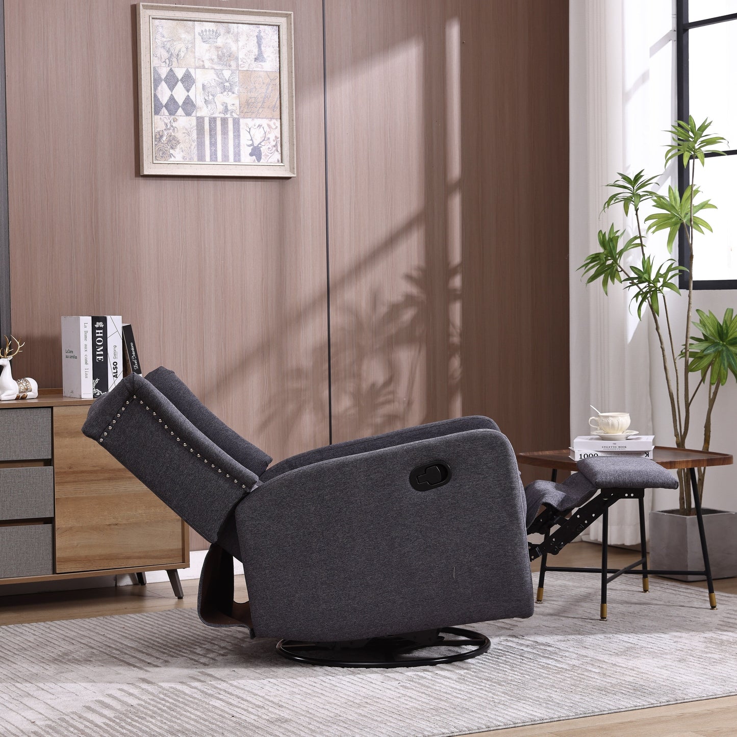 Fauteuil inclinable manuel pivotant à 360° en lin gris foncé avec dossier capitonné et repose-pieds pour salon et chambre